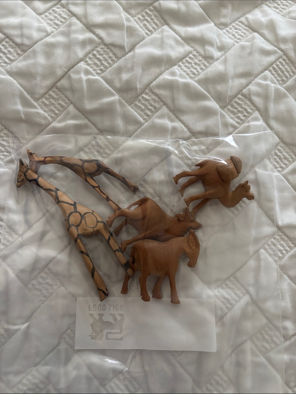 Carved Wooden Animal Figurine Set - Giraffe, Camel, Horse, Donkey